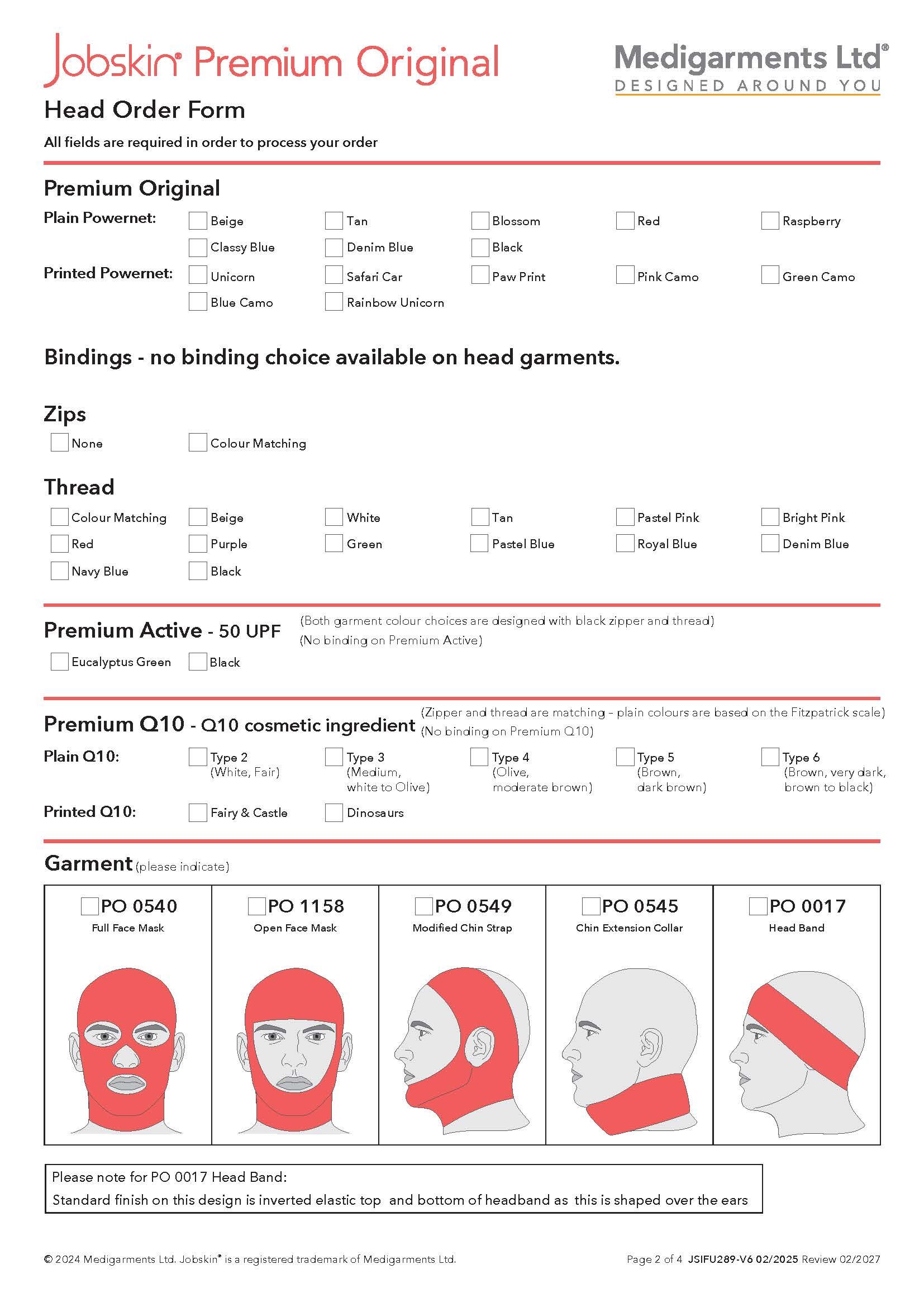 Jobskin Premium - 502 Head Neck Order Form - Electronic